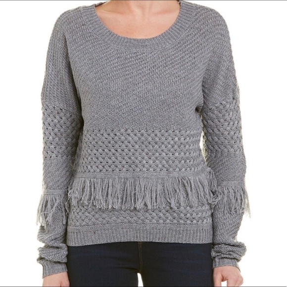 NWT BB Dakota multi patterned fringe trimmed sweater grey SZ XS - Picture 3 of 8